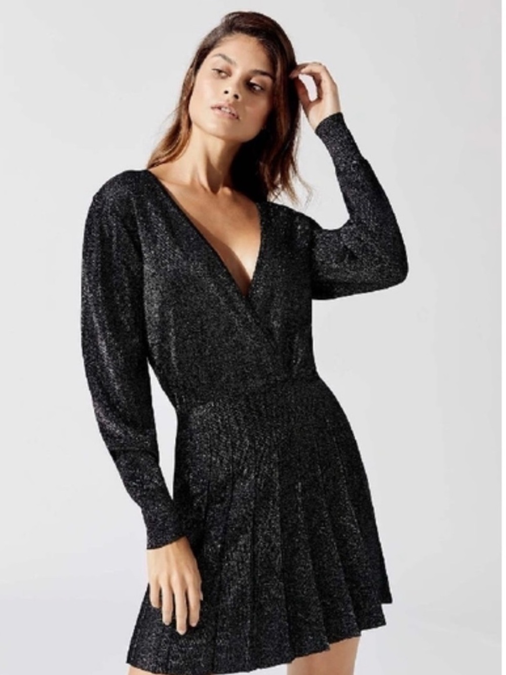 ✅ Cushnie Dress Pleated Blouson Mini in Black Metallic Shimmery